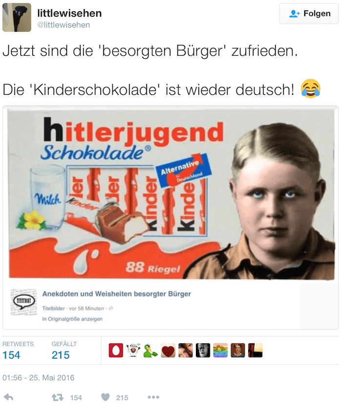 "Besorgte Bürger" machten im Mai 2016 einen Gegenentwurf zu farbigen Kindern auf Kinderschokolade: einen Hitlerjungen (Foto: Twitter@littlewisehen)