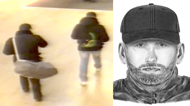 Ein Überwachungsbild aus den Spandau Arcaden und ein Phantombild von Räuber 1 (Quelle: Polizei Berlin)